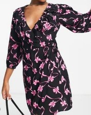 Miss Selfridge wrap ruffle collar tea dress with bow print, 3/4 sleeve,uk 12,new