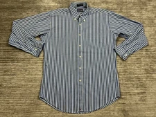 Hathaway Shirt Mens Medium Blue Striped Button Up Pima Pinpoint Oxford USA