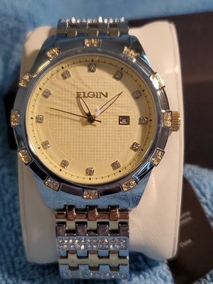 Elgin Dress Men's Watch Crystal Gold Date Dial on Two Tone Linked Band New