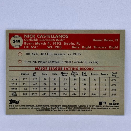 2021 Topps Chrome Platinum Aqua Wave Refractor #249 NICK CASTELLANOS SP - Picture 2 of 2