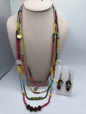 Colorful Boho Multi Strand Seed Bead Necklace  Earrings Set