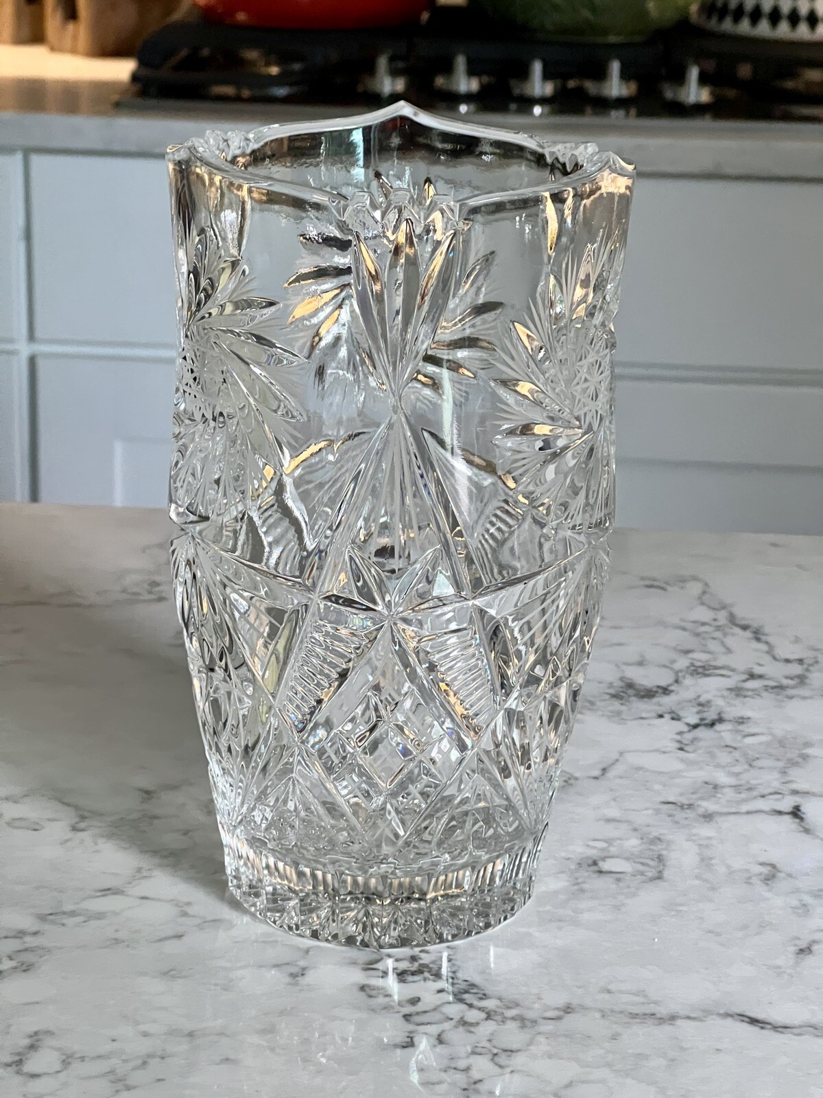 Vintage VASE Sudety Poland 24 Lead Crystal Cut Glass Pinwheel and
