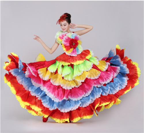 Spanish Flowers Dance Flamenco Swing Big Ruffle Skirt Gypsy Stage Costume Dress - Photo 1/11