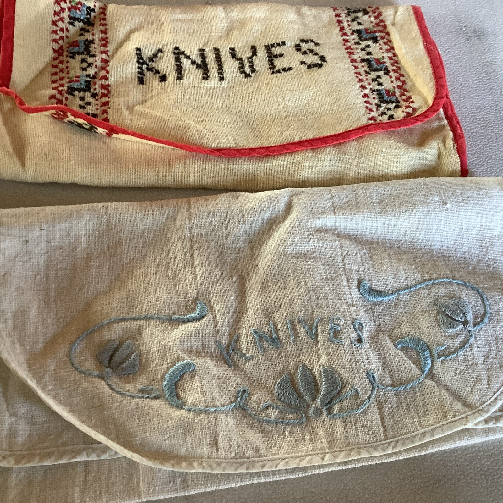 6 Linen Storage Pouch Floral Embroidery Silverware Utensil Holders Knife Forks +