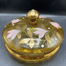 Crackled Galss Covered Dish With Gold Leafs  And Pink Flowers  Gold Tone