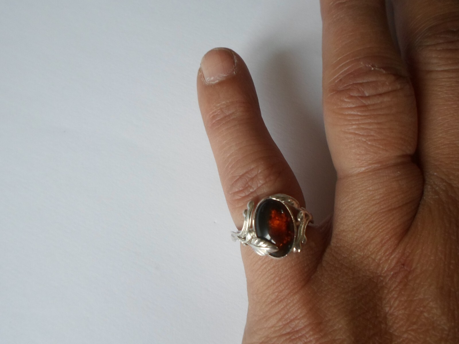 solid silver ring, dark amber cabochon, leaf outl… - image 3