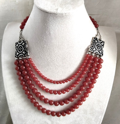VTG NRT Signed Egyptian revival 4 Strand Dark Cherry Beads Silver Tone hardware