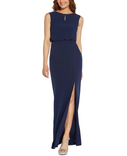 Blue Beaded Blouson Keyhole Gown NWT 