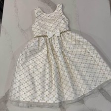 American Princess White Gold Formal Dress Gold Stone Embellishment Belt Girls 12