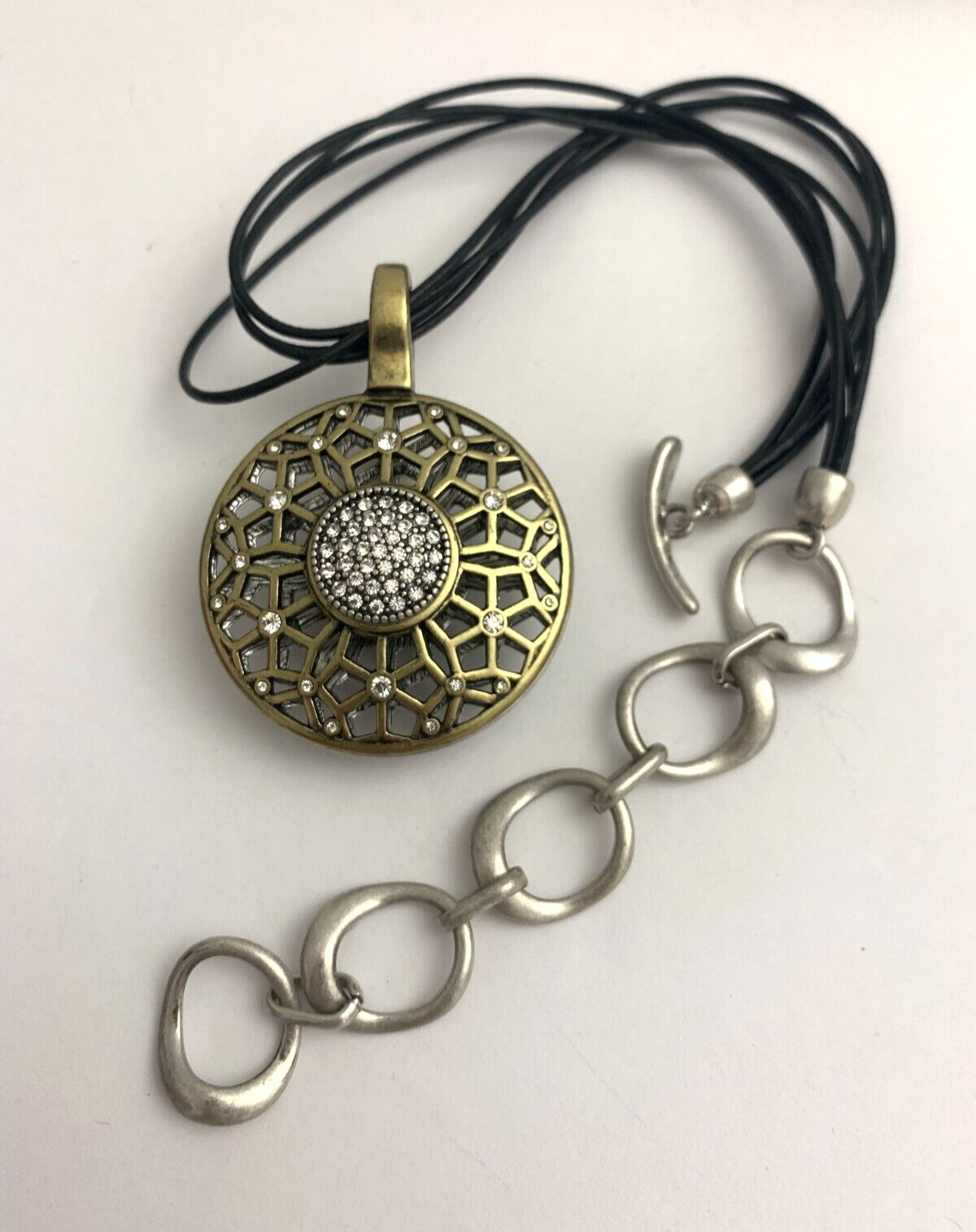 Black Leather Multi-String Silver Pendant Necklac… - image 6