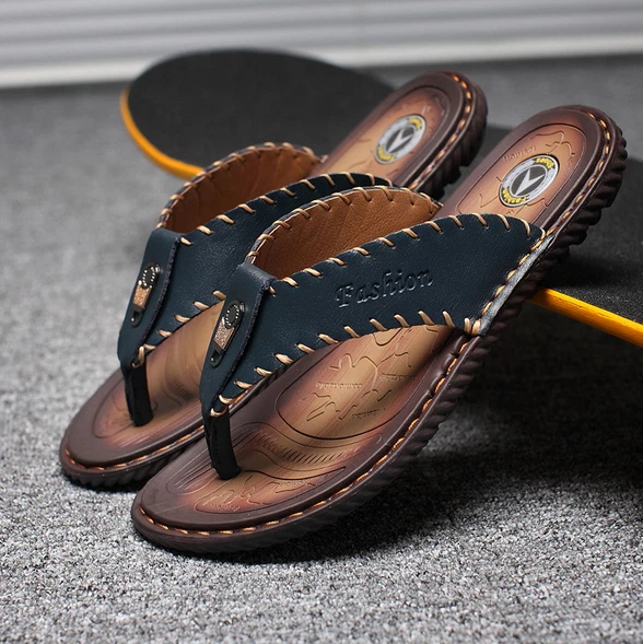 Men's Flip Flops Genuine Leather Slippers Men Summer Fashion Beach Sandals  Shoes