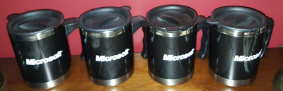 Set of 4 Microsoft Black Stainless Steel Non-Slip Coffee Mugs with Lids - Rare