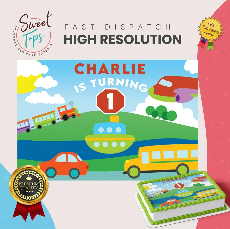 CHILDRENS TRANSPORTATION RECTANGLE EDIBLE CAKE TOPPER DECORATION PERSONALISED - Image 1 of 1