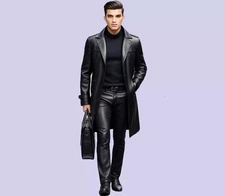 New Mens Black Trench Leather Long Coat. Genuine Soft Lambskin Leather Jacket XL