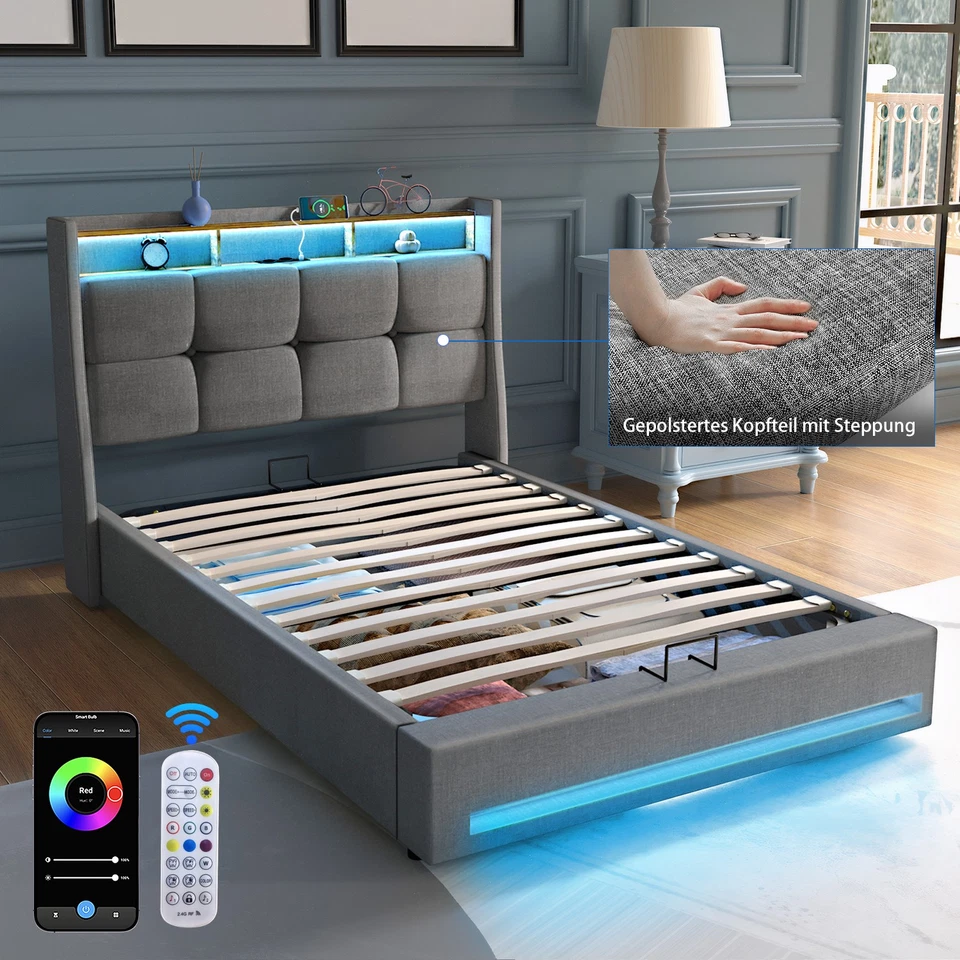 Polsterbett 90x200cm Doppelbett Stauraumbett Bettgestell mit USB/LED Lattenrost - Bild 2 von 4