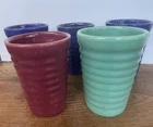 Vintage SET of 5 Bauer Ribbed Tumblers 3 Blue, 1 Marone, 1 Green