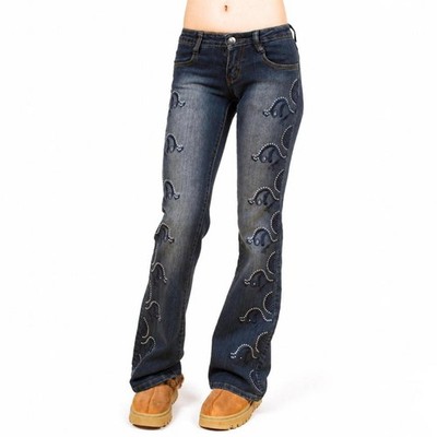 Women's Blue and Navy Jeans by JW Maxx denim low rise 90s embroidered flared