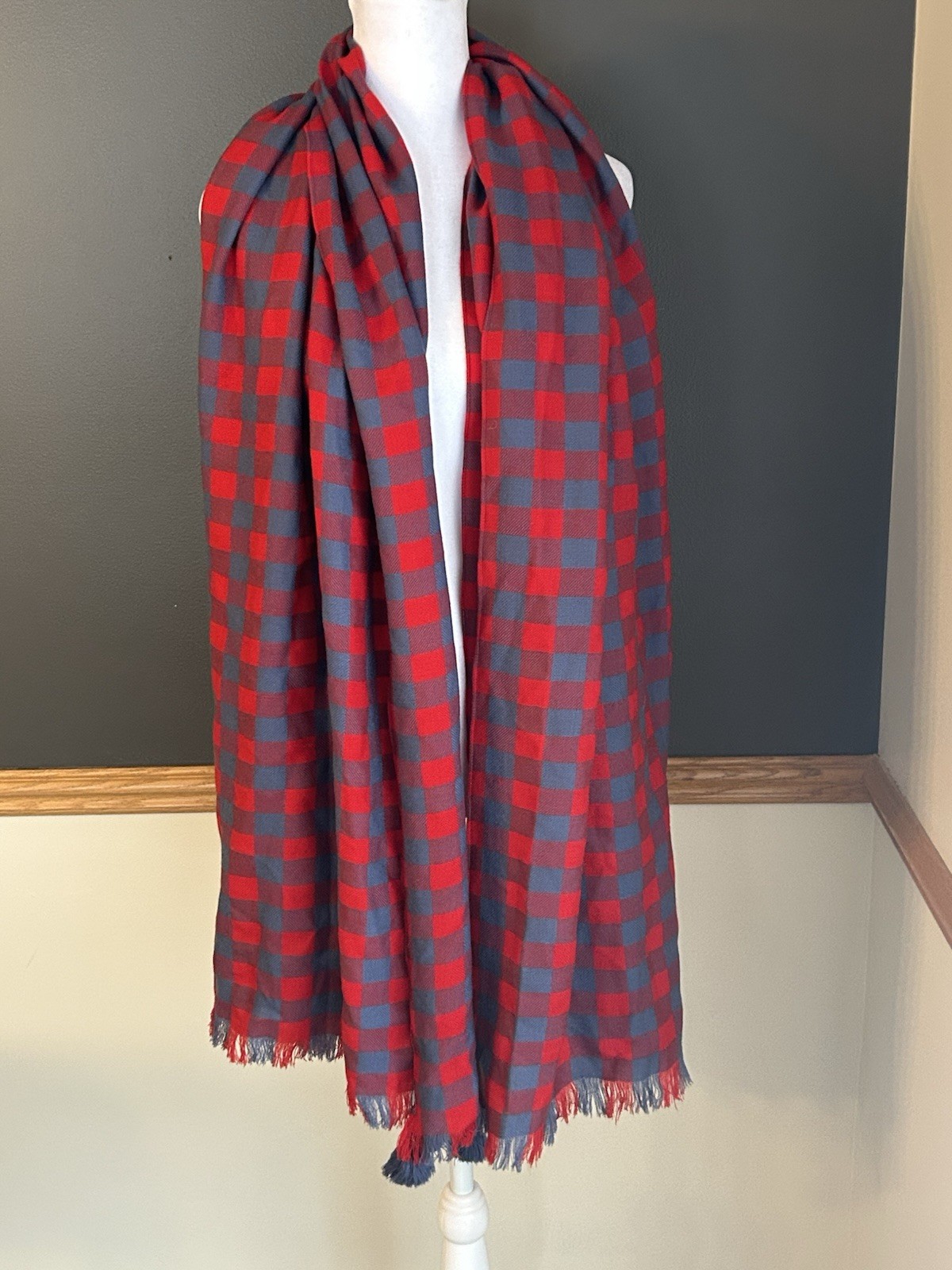 NWT J.Crew Lightweight Wool Blue Red Plaid Scarf Poms 74x27”