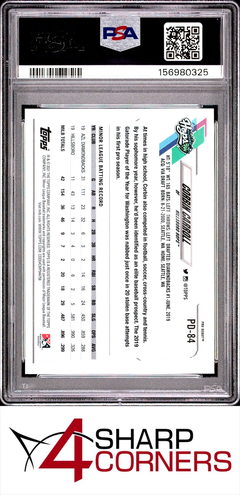 2021 TOPPS PRO DEBUT #PD84 CORBIN CARROLL RC PSA 10 view 2