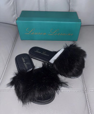 Lauren Lorraine Womens Fluffy Black Faux Fur Sandal Slippers Size 6 or 8 NIB