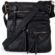 Crossbody Bag for Women Soft Washed Leather Multi Pocket Shoulder Purse Black