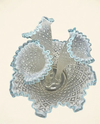 Fenton Flower Epergne 3 Horn Aqua Crest Opalescent Diamond Pattern Art Glass 11"