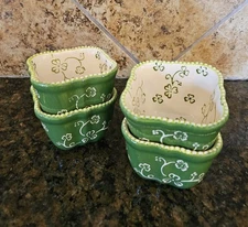 Temptations Floral Lace Design Green 8oz Square Set Of 4 Ramekins Baking Dishes