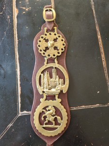 Vintage decorative horse brasses (horse harness medallions) on leather strap