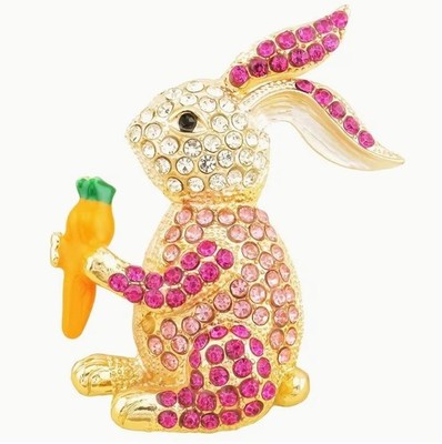 Betsey Johnson Brooch Bunny Rabbit Easter Pink Crystals Gold Tone