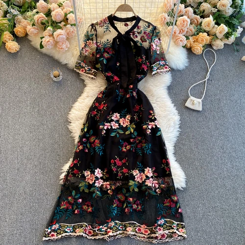 UK Women Floral Embroidery Dress Mesh Short Sleeve Midi Sheer Lace Black Retro - Picture 2 of 16