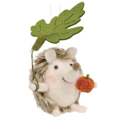 Hedgehog Ornament - Wool Hedgehog with Pumpkin Leaf  Autumn Halloween Christmas