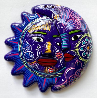 Mexican Sun Moon Face Eclipse Folk Art Talavera Pottery Hand Painted 8 1/2''  #20