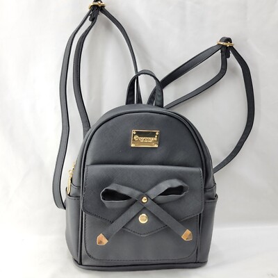 Ihayner Backpack Purse Black Textured Faux Leather Zip Handbag Gold Accents 
