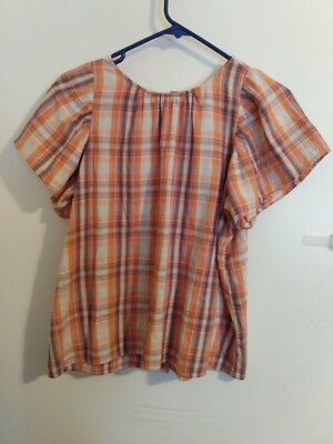 Loft Womens Size Small Pink Plaid Button Back Short Flutter Sleeve Blouse