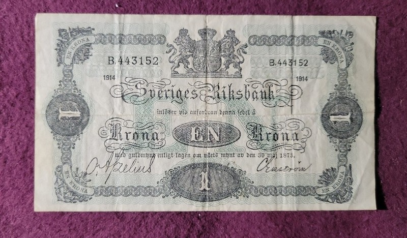 1914 Sweden 1 Krona - Pick# 32a  - Solid VF