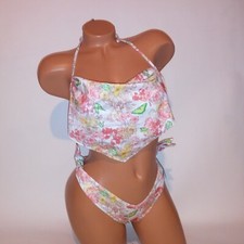 Victoria Secret Swim Bikini XS Top Medium Bottom Floral White Orange Green Floun
