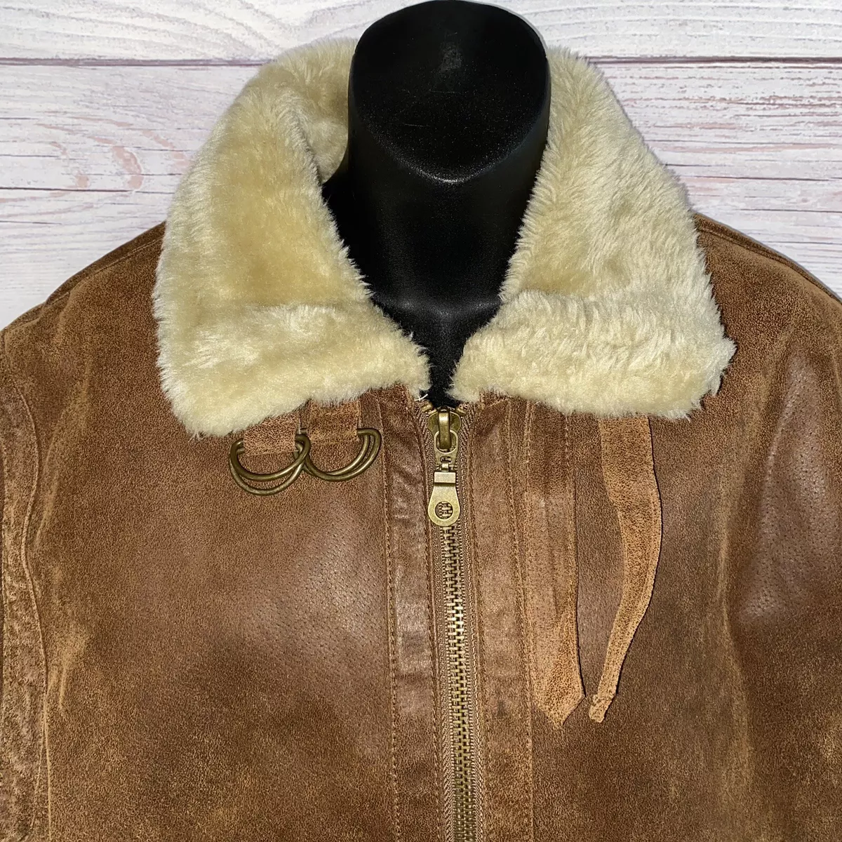 Ameri Mode Womens Leather Jacket Size Small Brown Faux Fur Lining Full Zip