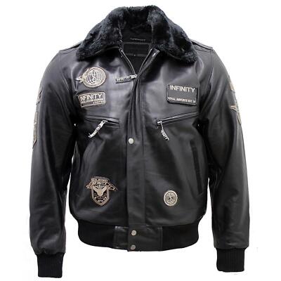 Pilotenjacke Herren schwarz Echtleder Bomber Design abnehmbarer Fellkragen