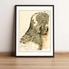 Netherlands Map, Netherlands 2D Relief Map, Netherlands Vintage Map - 2D Flat
