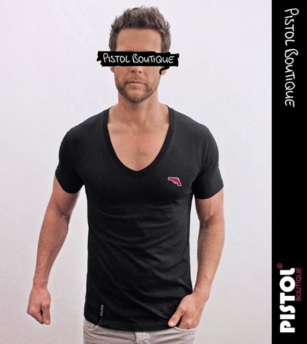 Pistol Boutique Men's Black Fitted Plain Deep V Neck Chest Logo Badge T-shirt