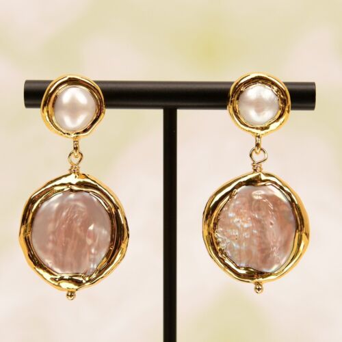 Pendientes colgantes de dama enchapados en oro amarillo con perla de moneda blanca cultivada - Imagen 4 de 8