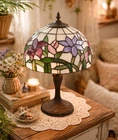 Vintage Tiffany Style Stained Glass Lamp Table Accent Lamp 19” Pink Floral