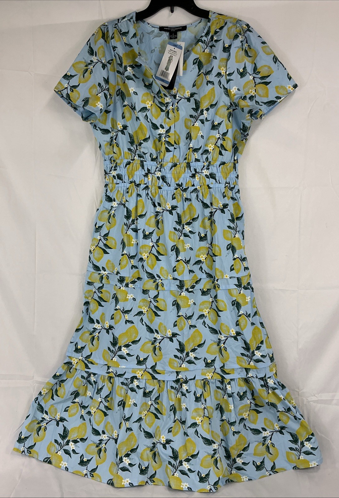 French Connection Large Lemon Print Short Sleeve Maxi Dress Blue 100% Cotton