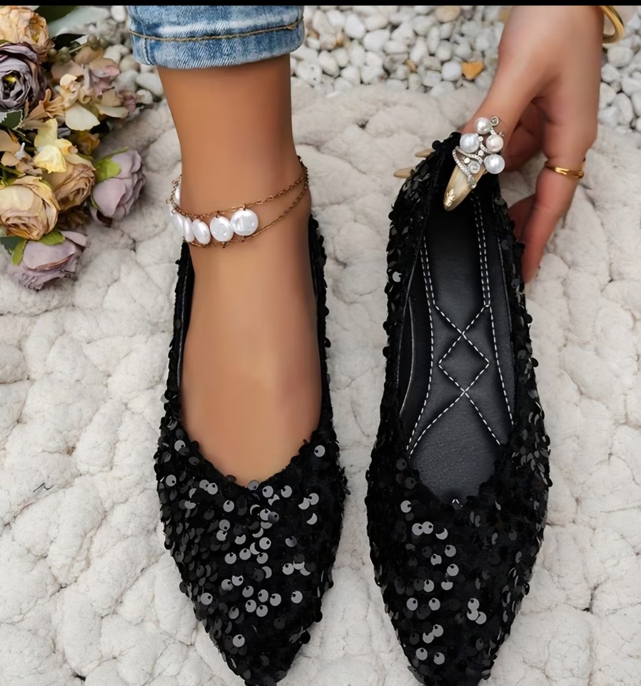Women’s Black Sequin Pointed Toe Slip-On Ballet Flats AU 11 EU 43