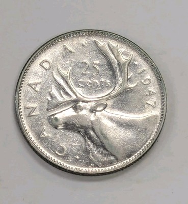 1947 DOT CANADA 25 CENT .800 SILVER QUARTER - King George VI-#T284