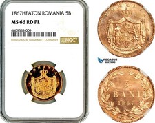 AL479, Romania, Carol I, 5 Bani 1867, Heaton Mint, NGC MS66RD PL
