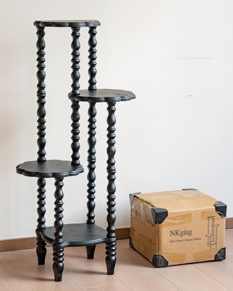 4-Tier Vintage Corner Shelf, Solid Wood, Mid-Century Spindle Legs