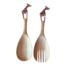 2 Giraffe Hand Carved Wood Wooden Salad Servers Tongs  Fork and Spoon African