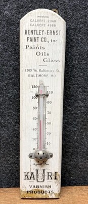 Vtg 40s Kauri Varnish Bentley-Ernst Paint Wood Thermometer Sign 8.25 Baltimore