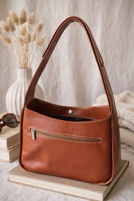 VTG 1990 Lancaster Paris Leather Shoulder Bag, Made In France, Minimalist Cognac